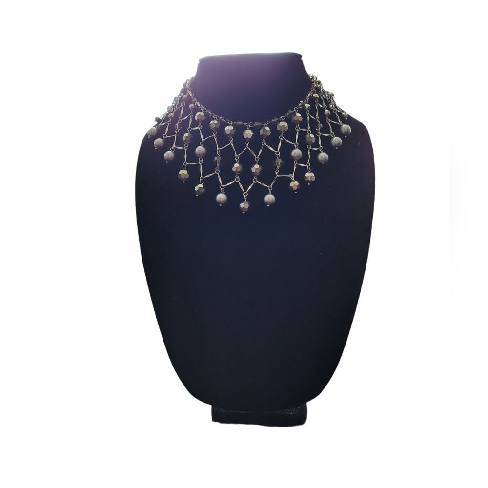 Vintage Jade & Jasper Faux Pearl Bead Silver Statement Bib Choker Necklace